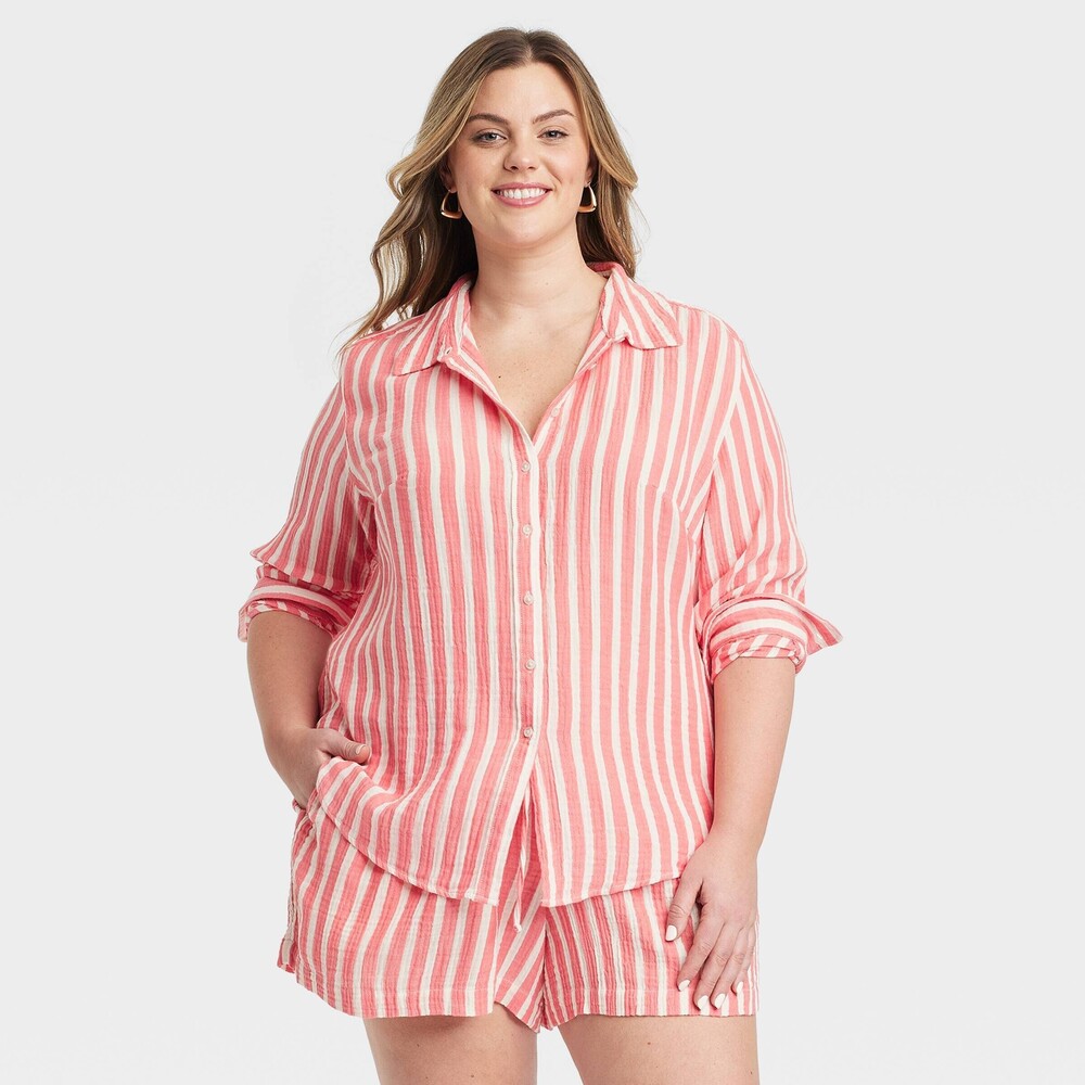 Gauze Long Sleeve Collared Button-Down Shirt - Coral Pink Striped 1X